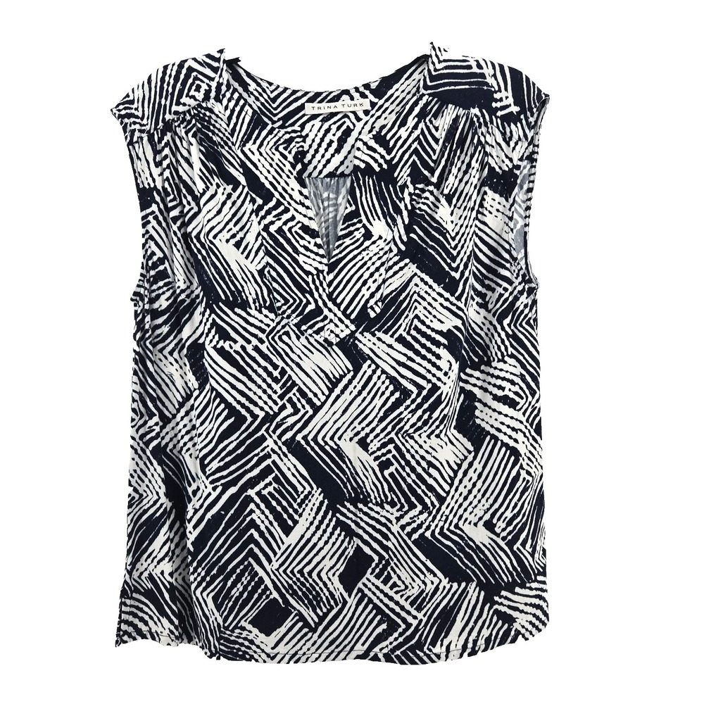 Trina Turk Navy White Geometric Print V-Neck Sleeveless Top Large (Read)